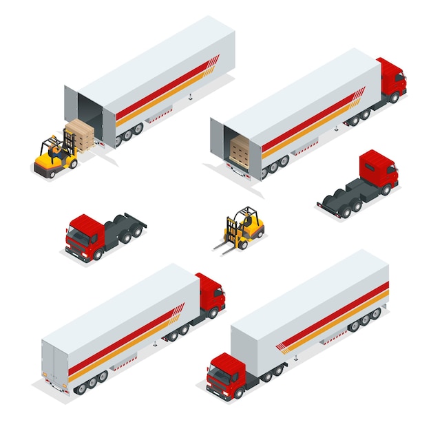 トラックベクトル等角輸送。商用車。配送トラック。フラットスタイルのベクトルイラスト配信サービスの概念