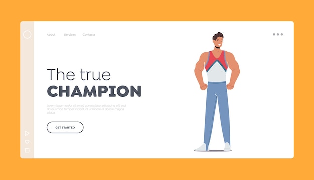 True Champion Landing Page Template Athlete Character Posing in Uniform Muscular Sportsman Weightlifter