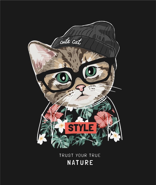 Vettore slogan della vera natura con simpatico gatto in camicia hawaii e cappello lavorato a maglia su nero