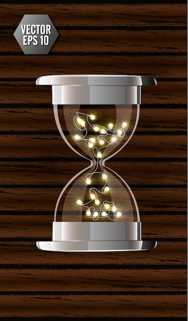 Vector true transparent hourglass with glowing lights inside isolated on wooden background simple and elegant hourglass timer clock icon 3d illustration