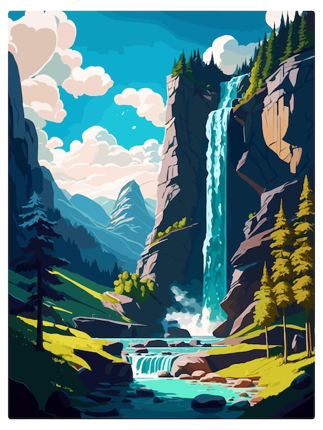 Trummelbach Falls Switzerland Vintage Travel Poster Souvenir Postcard Portrait Painting Illustration