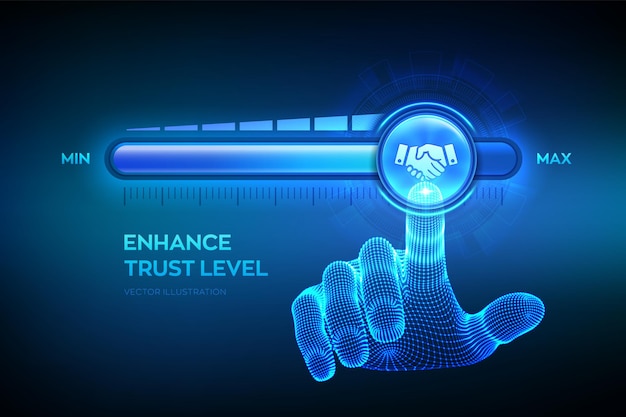 Trust concept increasing confidence level wireframe hand is pulling up to the maximum position progress bar with the trust icon high confidence level concept vector illustration