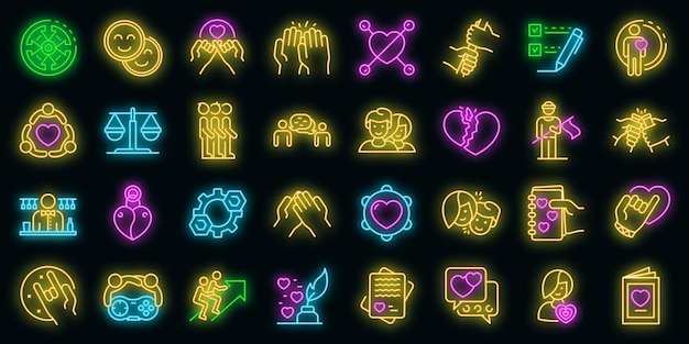 Trust icons set. outline set of trust vector icons neon color on black