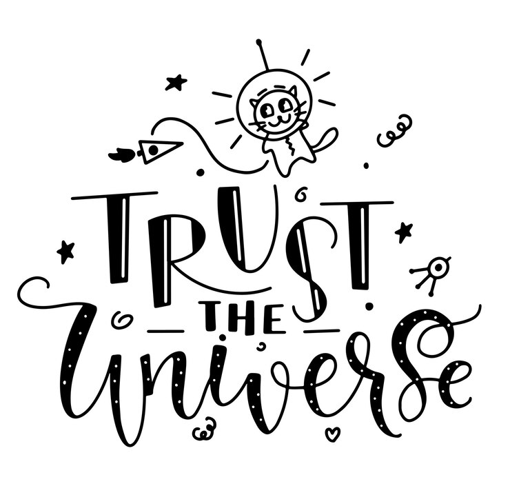 वेक्टर trust the universe black text with doodle isolated on white background