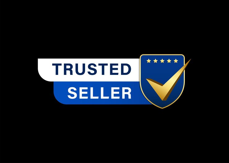 Trusted seller shield logo label badge in blue color gradient with gold check mark symbol and stars