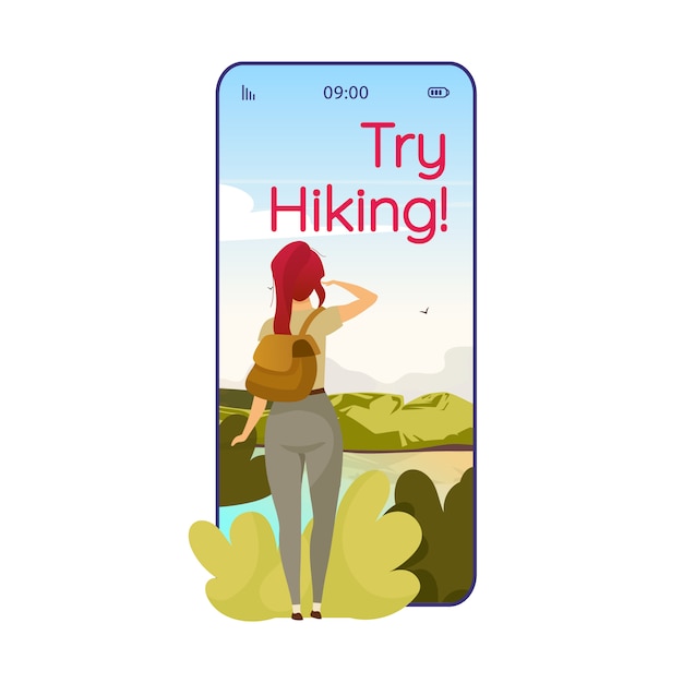 Prova a fare un'escursione sulla schermata dell'app per smartphone dei cartoni animati. viaggio di spedizione, trekking. display per telefoni cellulari con design a caratteri piatti. interfaccia carina telefono applicazione foresta esplorazione