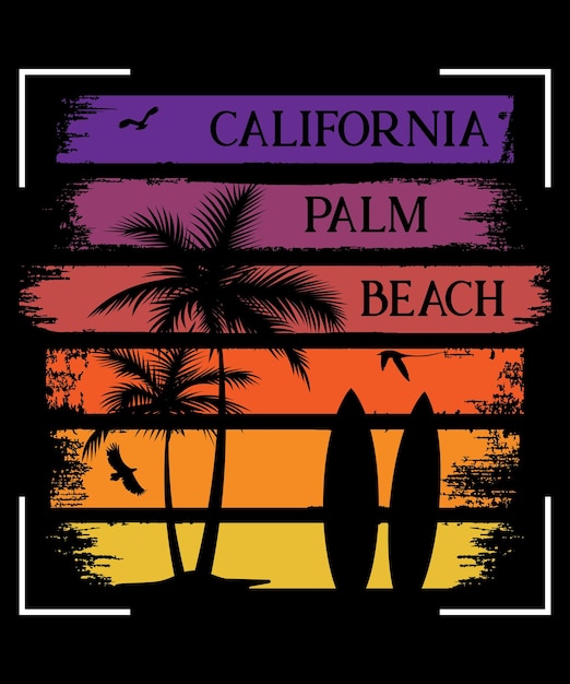 Tshirt California Beach Palm Tree Sunset Style Brush Retro Vintage Illustration