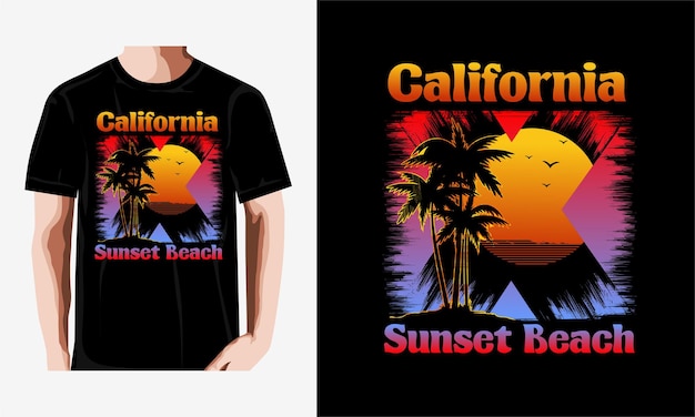 Tシャツカリフォルニアビーチヤシの木サンセットスタイルヴィンテージイラストプレミアムベクトル