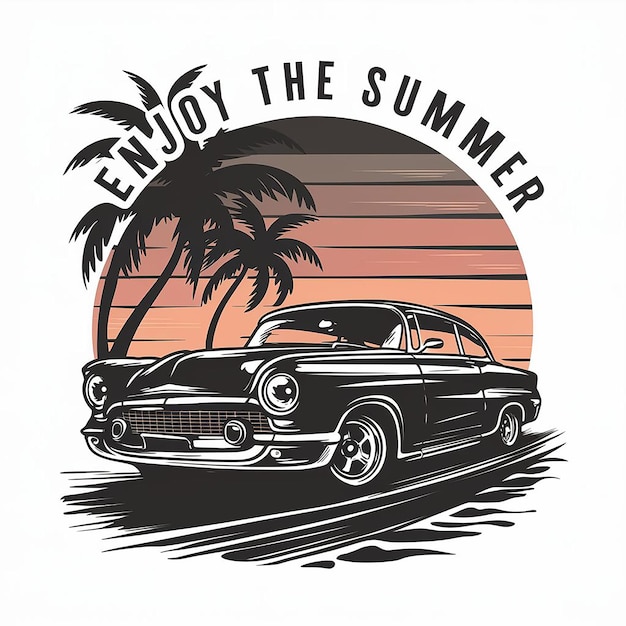 Vector tshirt design car cruising beach at dusk with a sunset backdrop enjoy the summer