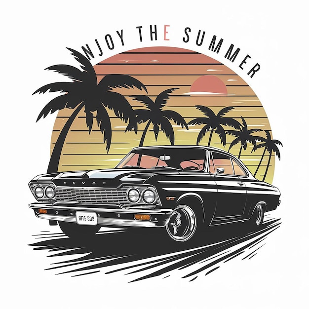 A tshirt design of car cruising lined beach at dusk with a sunset backdrop enjoy the summ