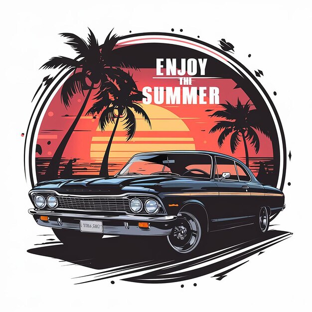 a tshirt design of car cruising lined beach at dusk with a sunset backdrop Enjoy The Summ