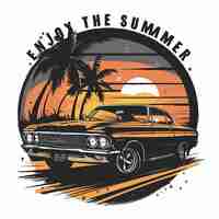 Vector a tshirt design of car cruising lined beach at dusk with a sunset backdrop enjoy the summ