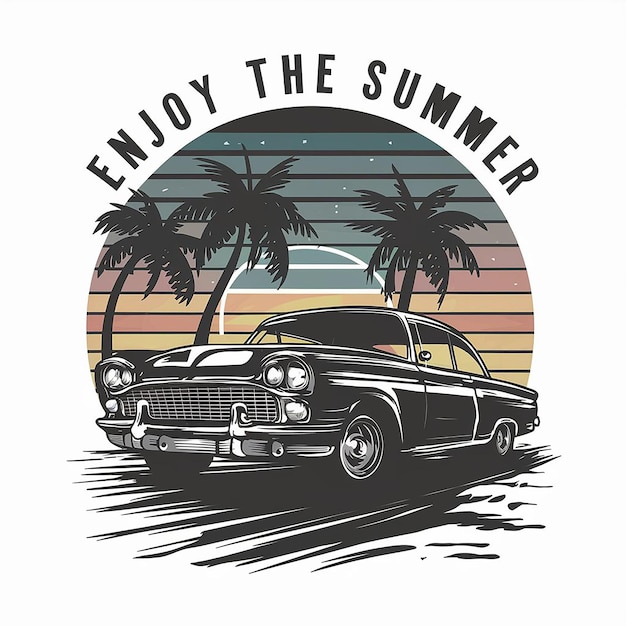 a tshirt design of car cruising lined beach at dusk with a sunset backdrop Enjoy The Summ