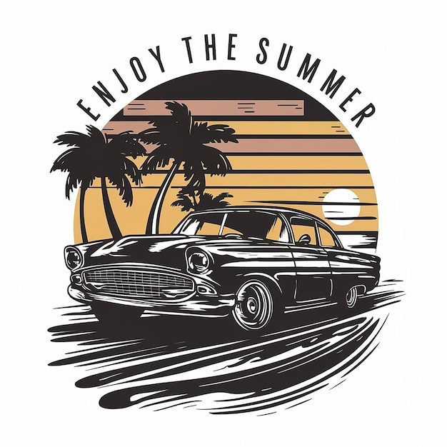 a tshirt design of car cruising lined beach at dusk with a sunset backdrop Enjoy The Summ