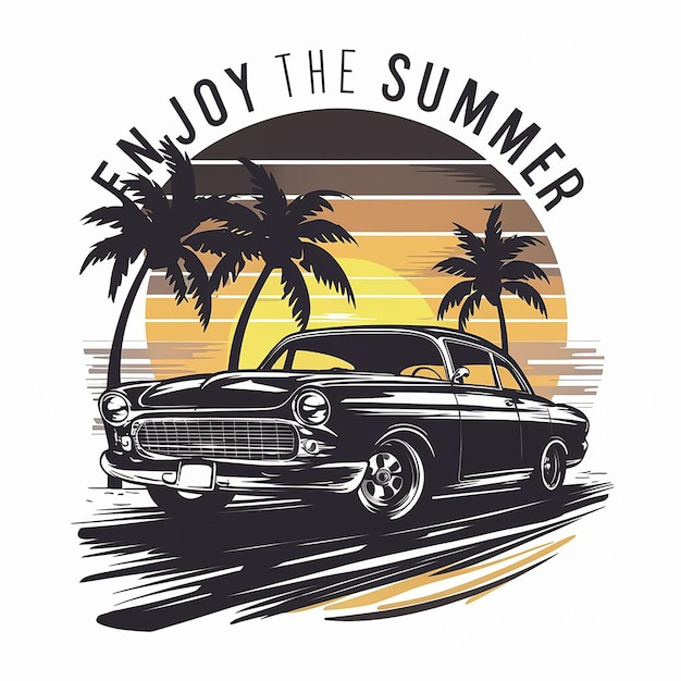 해가 지는 배경으로 황혼에 차를 타고 있는 해변의 티셔츠 디자인 Enjoy The Summ
