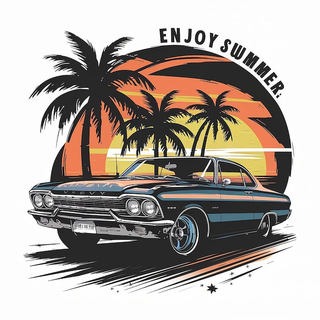 a tshirt design of car cruising lined beach at dusk with a sunset backdrop Enjoy The Summ