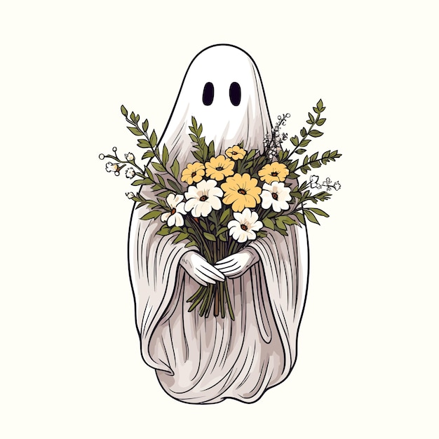 Vector tshirt design of a cute ghost holding a bouquet of a hope