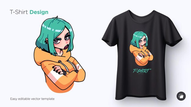 Vector tshirt design of cute stylish angry girl with crossed arms anime style illustration