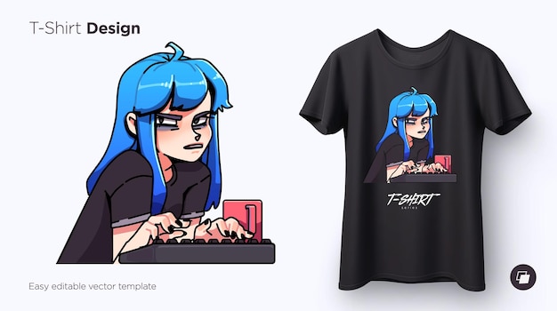 Tshirt design of cute stylish nerdy girl typing on a keyboard Anime style illustration