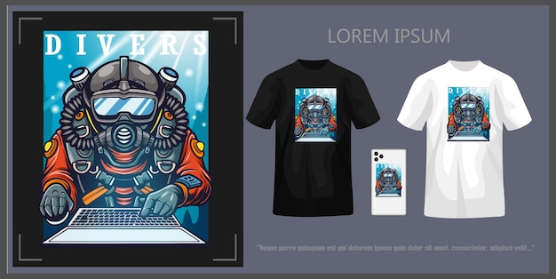 Tshirt design of a diver using a laptop in the water complete with mockup