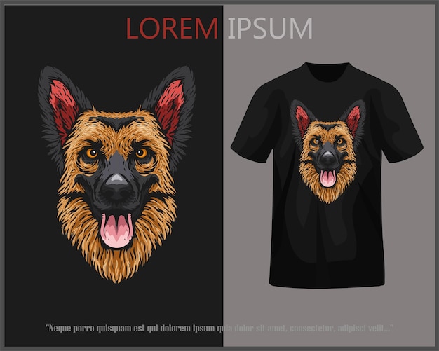 Vector tshirt design featuring a german shepherd dog head complete with mockup