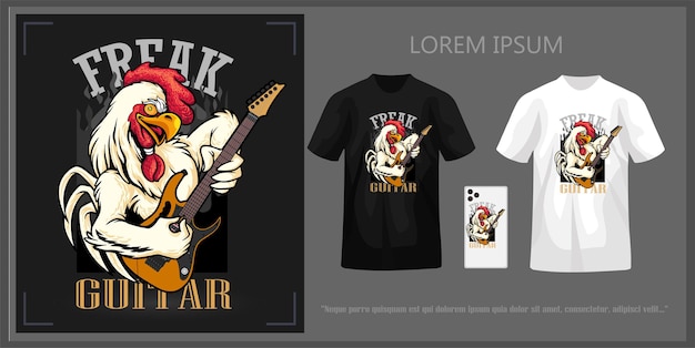 Tshirt design featuring a rooster playing guitar complete with mockup