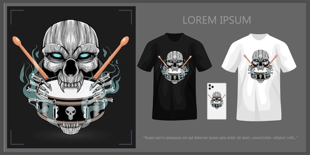 Tshirt design featuring a skull head biting a snare drum and sticks complete with mockup