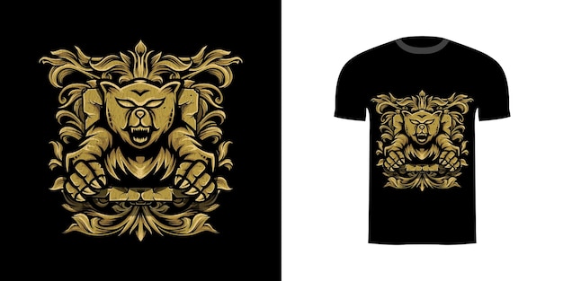Tshirt design illustrazione grizzly con ornamento incisione