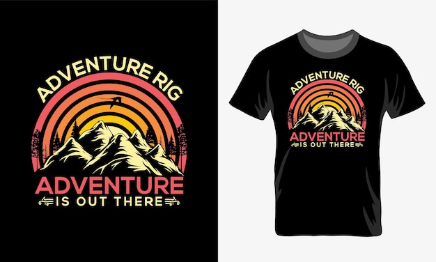 Tshirt design of an Illustration of a mountain adventure with a sunset