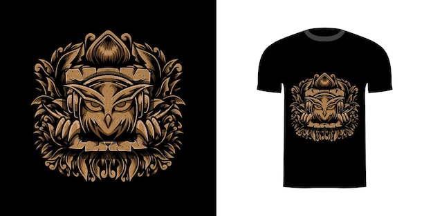 Tshirt design illustrazione gufo con ornamento incisione