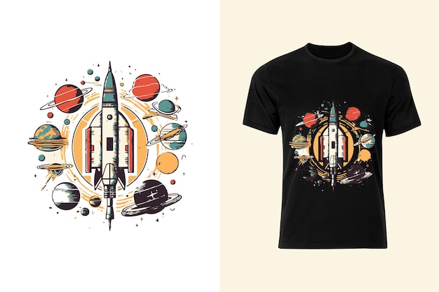 Vector tshirt design inspired by the space race and the retrofuturistic aesthetic of the mid20th century