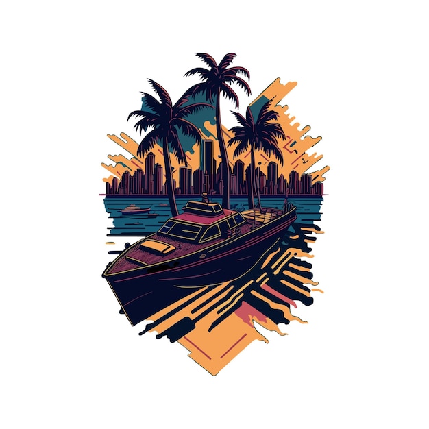 Tshirt design of motor boat in beach and beautiful natural background