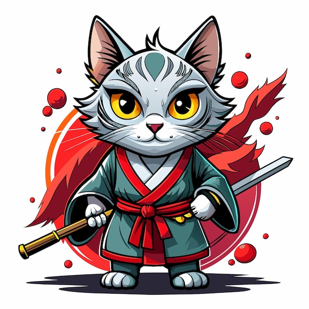 Vector tshirt design samurai cat cute and gothic with splash on background