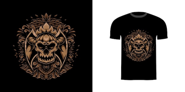 Tshirt design illustrazione del teschio con ornamento incisione