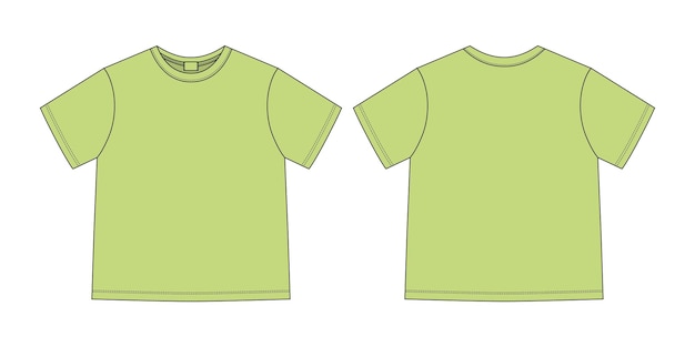 Tshirt 디자인 템플릿 의류 기술 스케치 남여 공용 티셔츠 녹색 색상 전면 및 후면 보기 벡터 CAD 기술 패션 그림