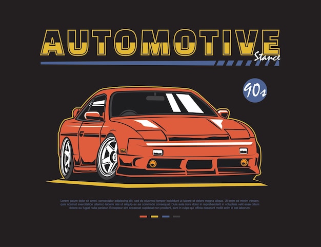 Tshirt design vettoriale con grafica illustrazione auto anni '90