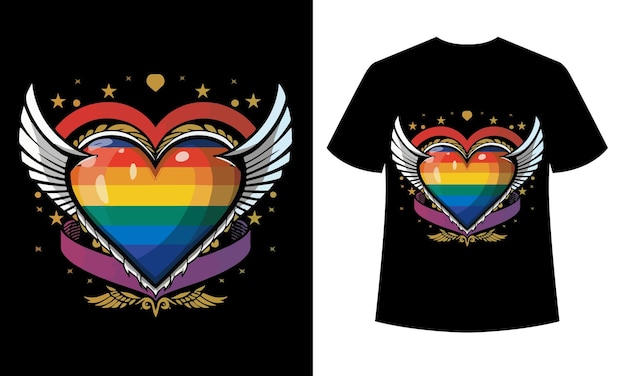 Tshirt design of a winged heart with a rainbow