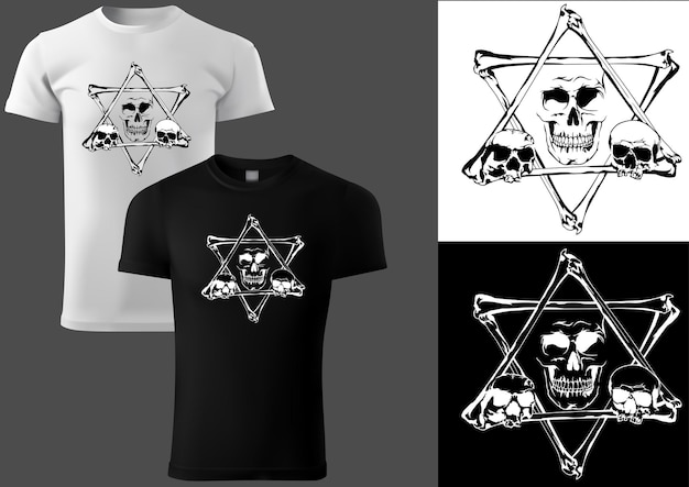 骨の頭蓋骨と五芒星を使ったtシャツのデザイン