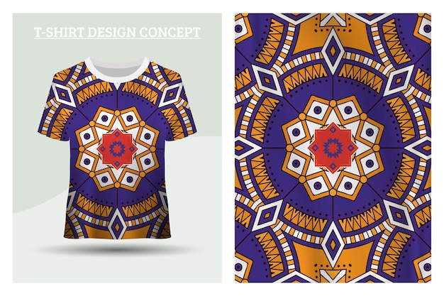 Tshirt design with blue yellow round mandala pattern