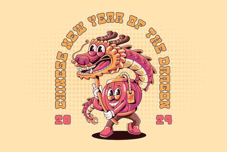 ドラゴンダンスを演じる中国のランターンのTシャツデザイン レトロ漫画キャラクターイラスト