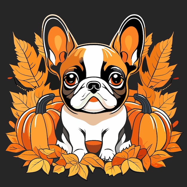TShirt Design with French Bulldog among Autumn Leaves and Festive Pumpkins