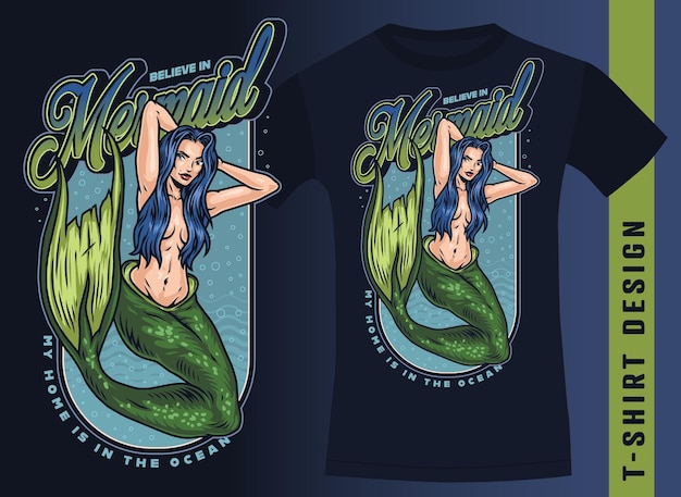 サイレン人魚とTシャツのデザインカラフルなラベルヴィンテージスタイルのベクトル