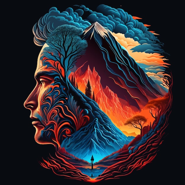 TShirt Graphic of Half Human Head Half Mountain