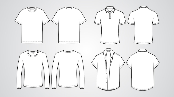 Vector tshirt mockups technical models of tshirts long sleeves polo collars and open shirts