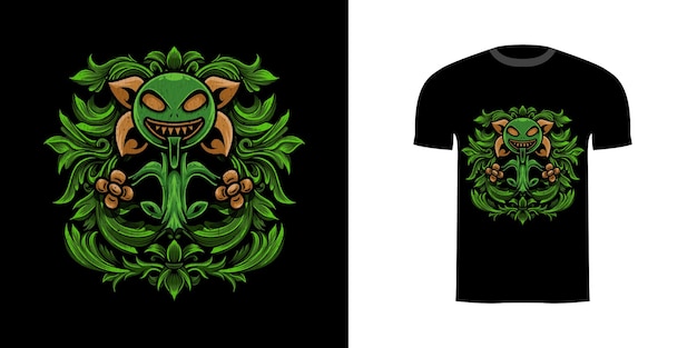 Tshirt ontwerp illustratie monster plant met gravure ornament