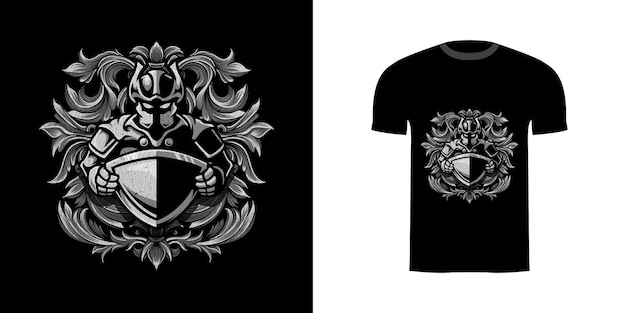 tshirt ontwerp illustratie ridder en schild met gravure ornament