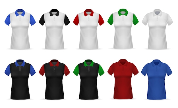 Vettore tshirt polo abbigliamento femminile realistico indumenti bianchi o neri con maniche e colletto colorati set di camicie di cotone isolate uniforme per le donne modello di abbigliamento sportivo attivo abiti casual vettoriali