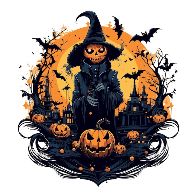 ハロウィーンのテーマのイラストが描かれたTシャツやポスターのデザイン