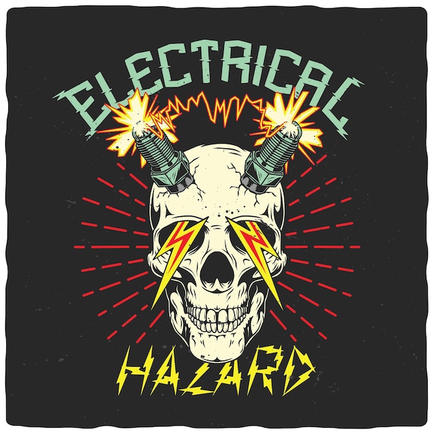 Vector tshirt or poster design with illustration of skull with spark plugs and lightning