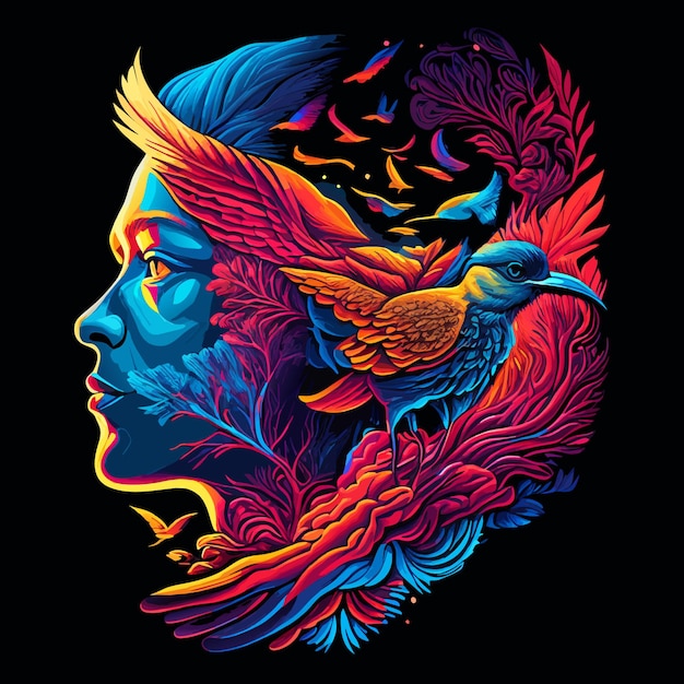 TShirt Print Concept HumanBird Fusion Art on Black Background